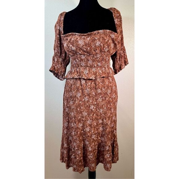 Böhme Womens Brown Floral Off The Shoulder Pullover Boho Fit & Flare Dress S - Picture 1 of 9